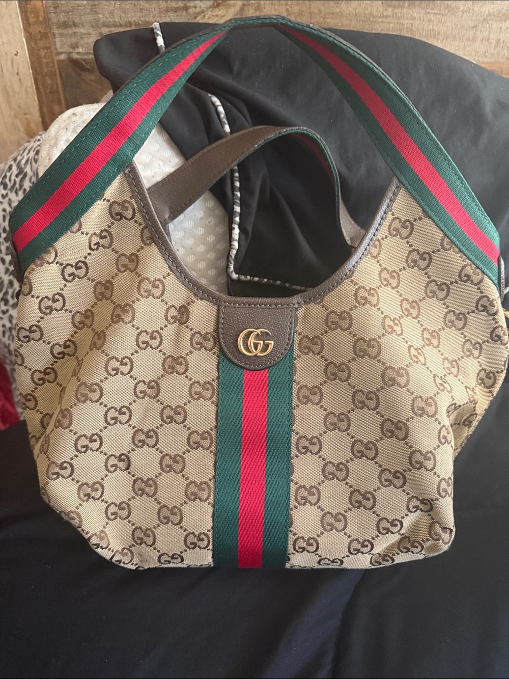 Gucci Beige GG Canvas Shoulder Bag with Green-Red Web Stripe